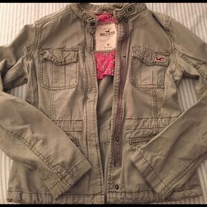 Hollister Olive Green Jacket with Pink Lining